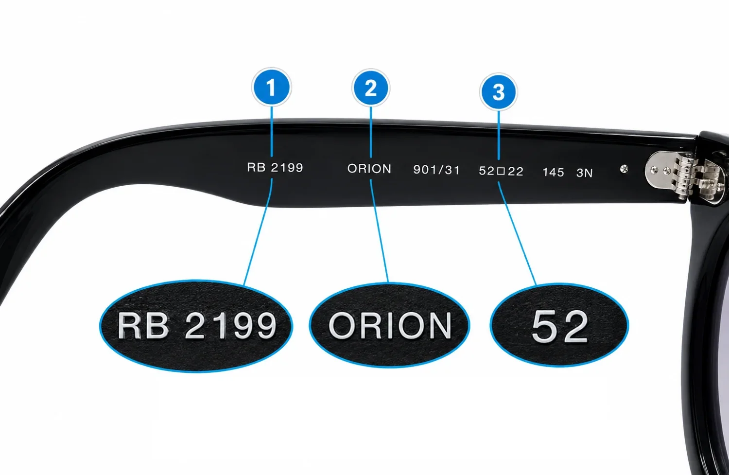 Ray-Ban arm — where to read model number and lens width