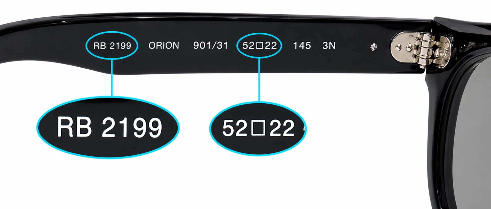 Ray-Ban temple showing model reference and lens width